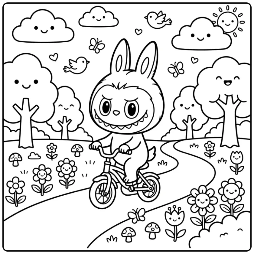 Vrolijke labubu kleurplaat op de fiets in een zonnig park.