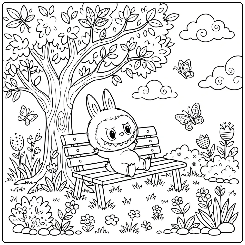 Vrolijke labubu kleurplaat have a seat op een bankje