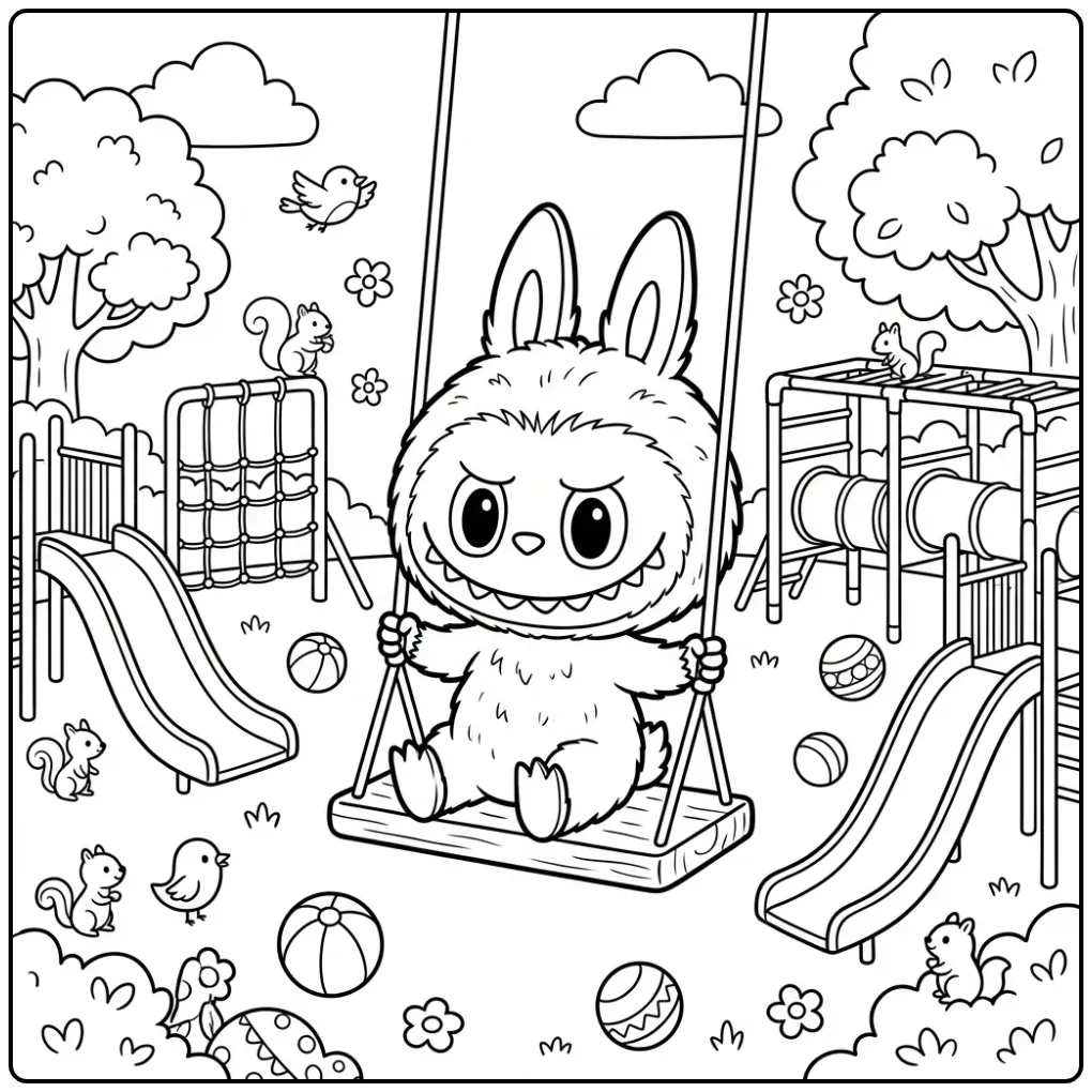 Een vrolijke labubu kleurplaat have a seat op de schommel.