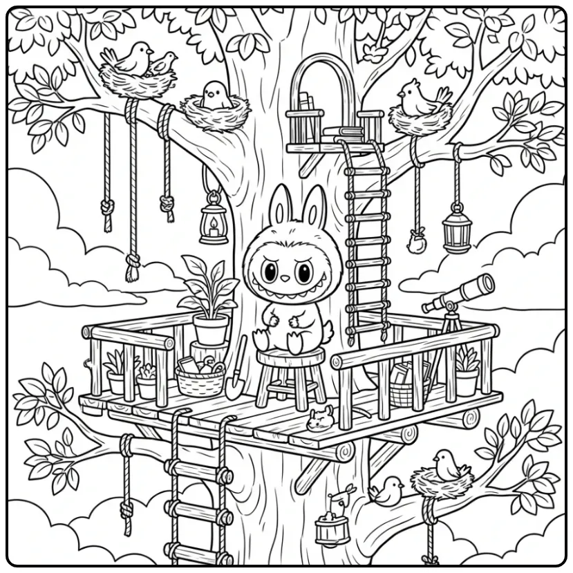 Print de labubu kleurplaat have a seat in de natuur uit.