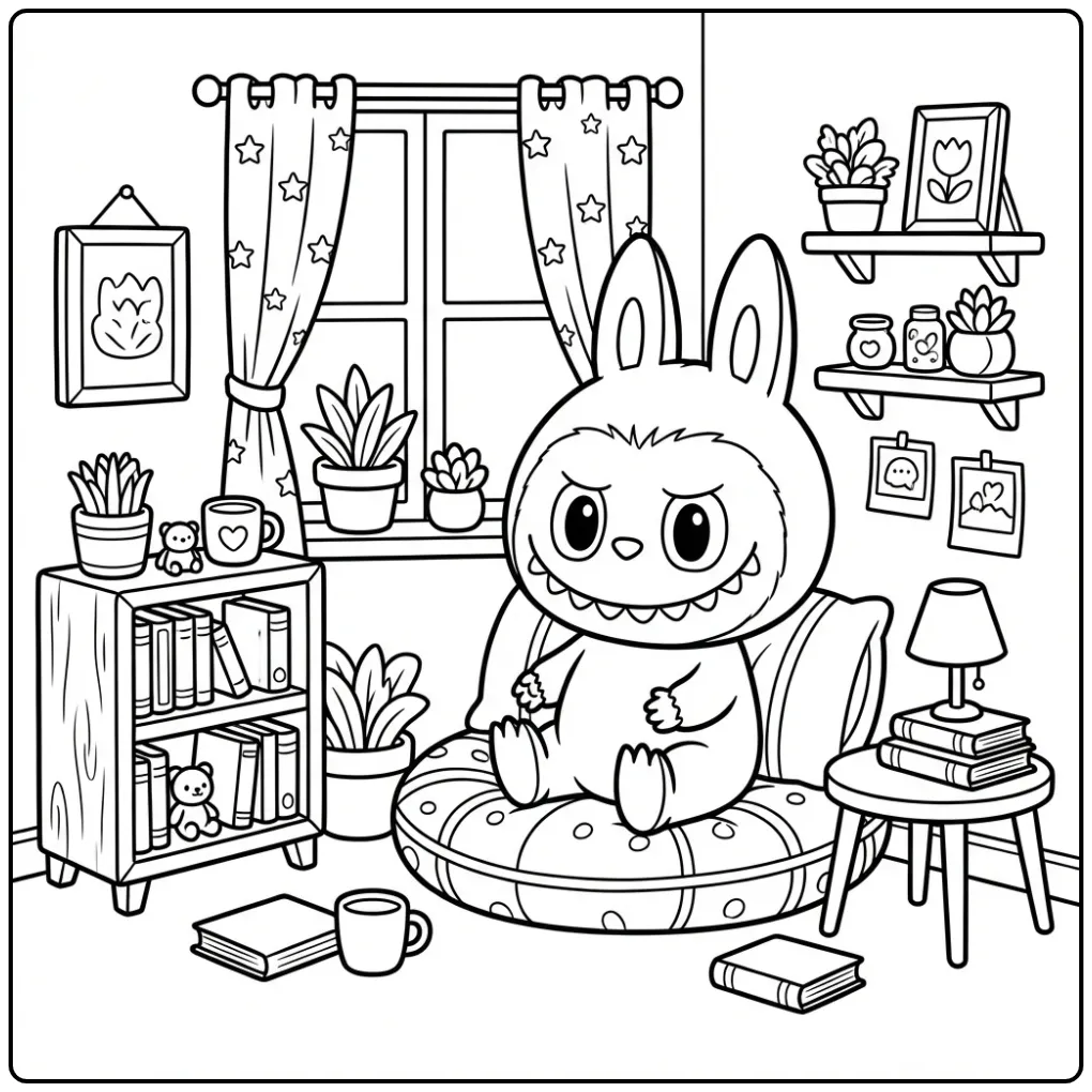 Gezellige labubu kleurplaat have a seat tekening