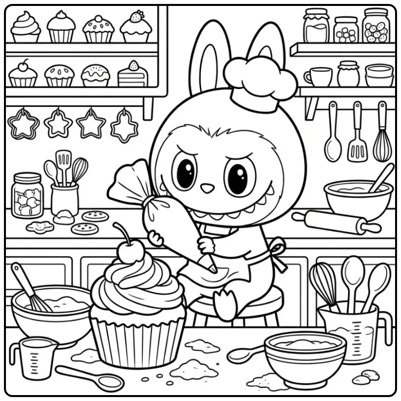 Labubu kleurplaat versiert een grote cupcake met room