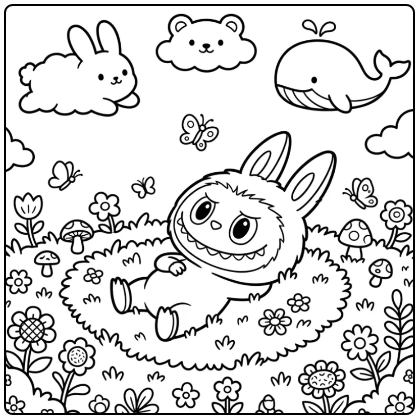 Ontspannende labubu kleurplaat liggend in het zachte gras.