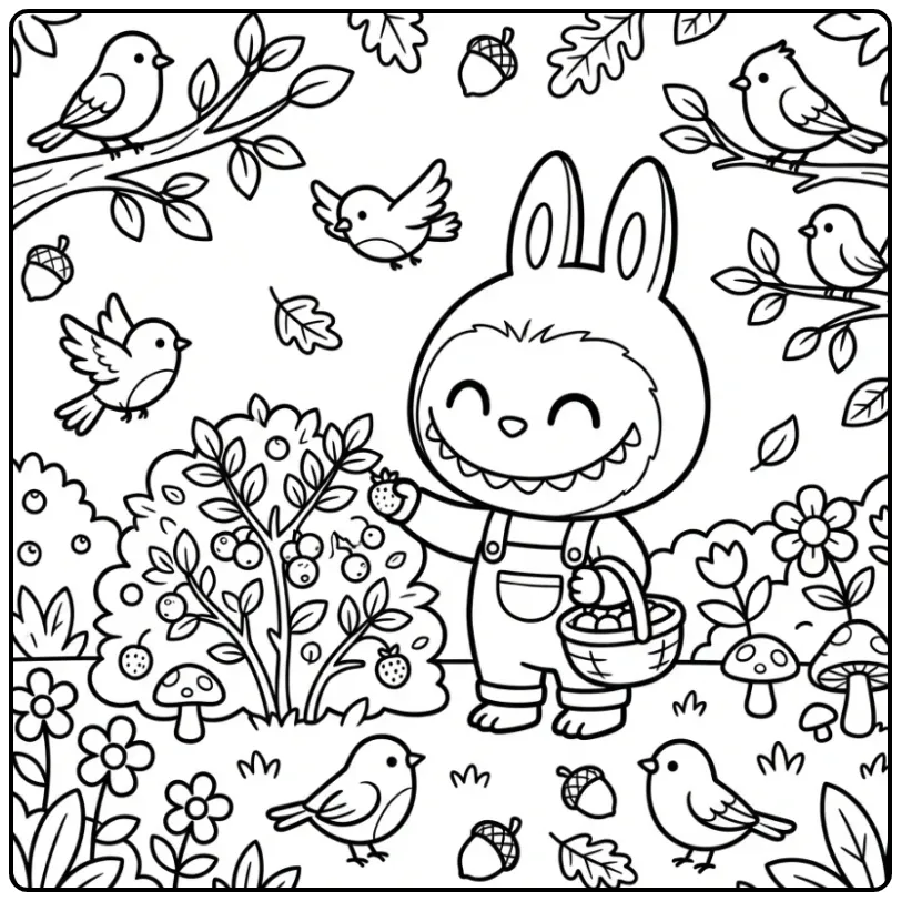 Een vrolijke labubu kleurplaat met bessen en vogeltjes.