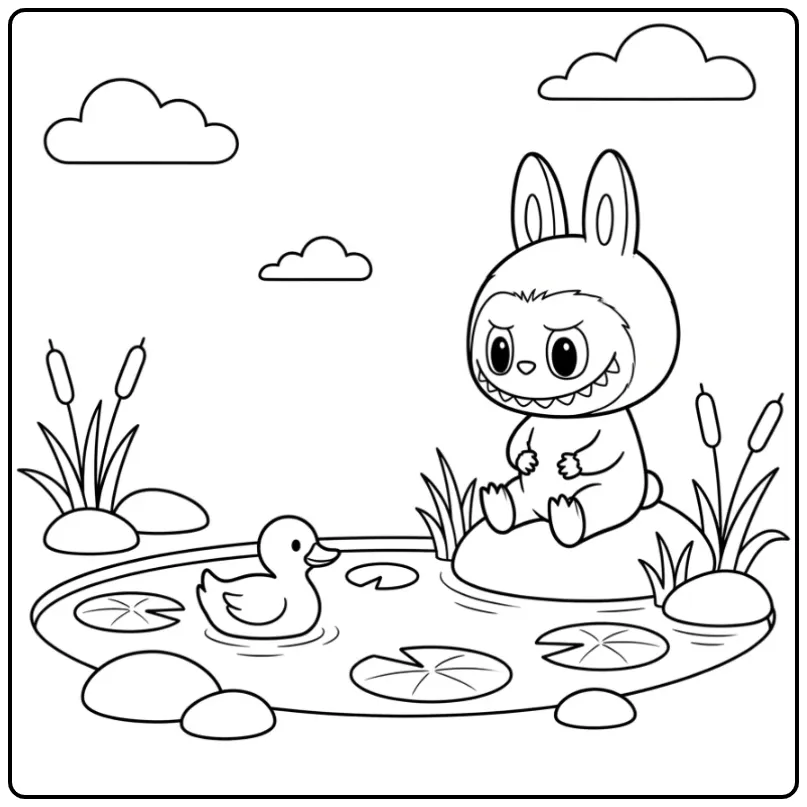 Een leuke labubu kleurplaat makkelijk met waterlelies.