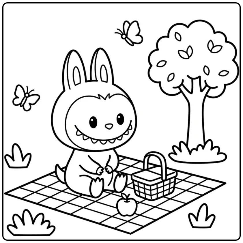 Picknick met Labubu kleurplaat makkelijk en vlinders.