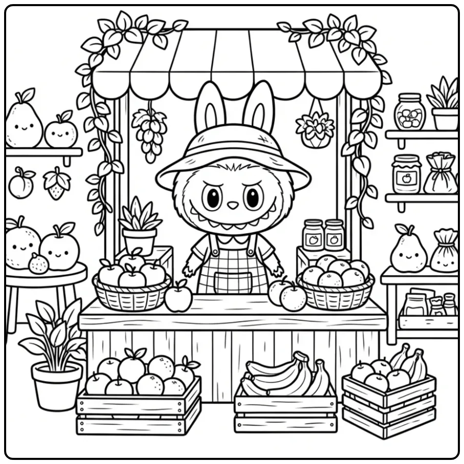 Een vrolijke labubu kleurplaat met kleren op de fruitmarkt.