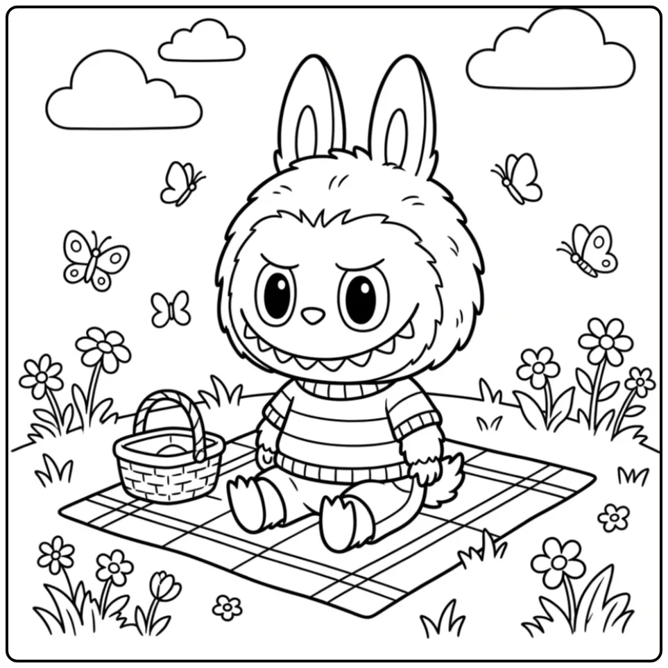 Vrolijke labubu kleurplaat met kleren tijdens een picknick.