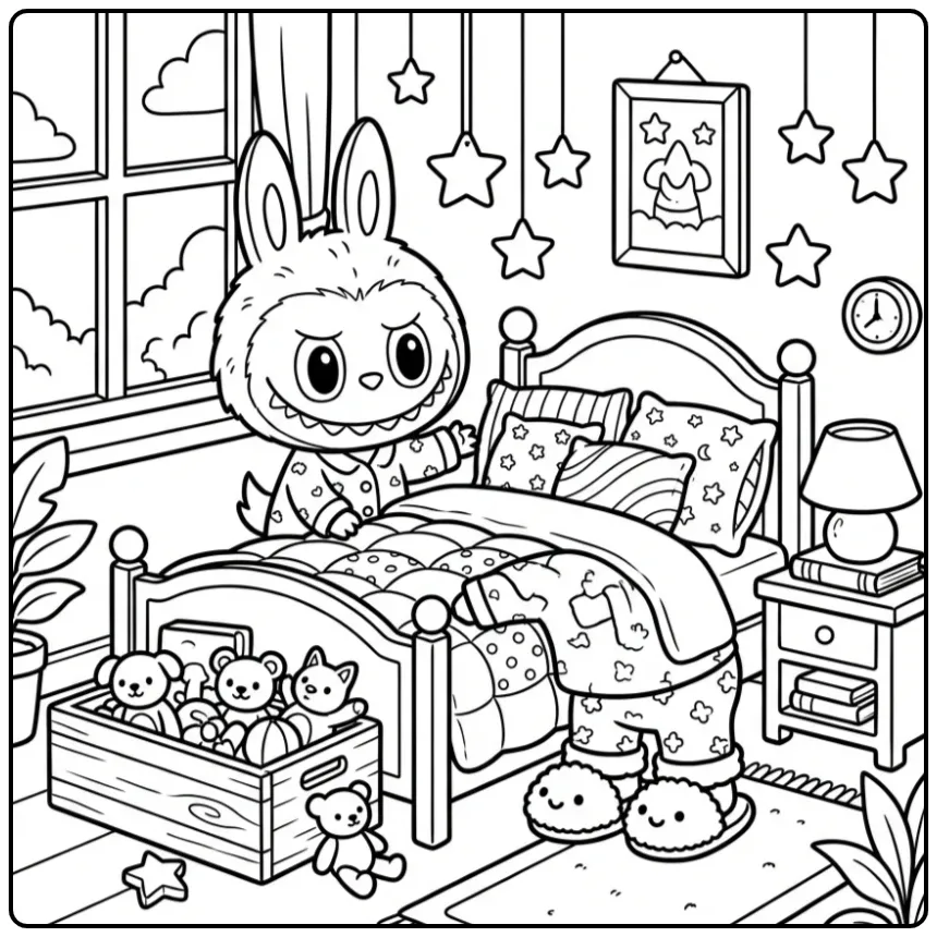 Gezellige labubu kleurplaat met kleren en slofjes.