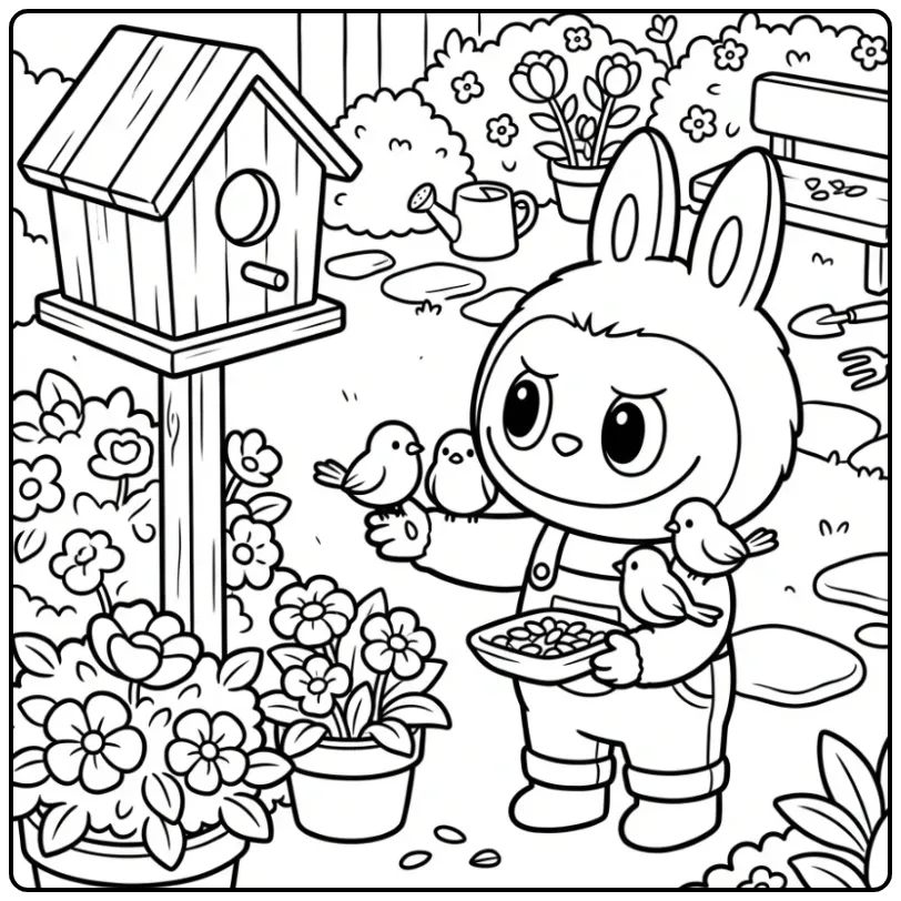 Vrolijke labubu kleurplaat die vogels voert bij een huisje