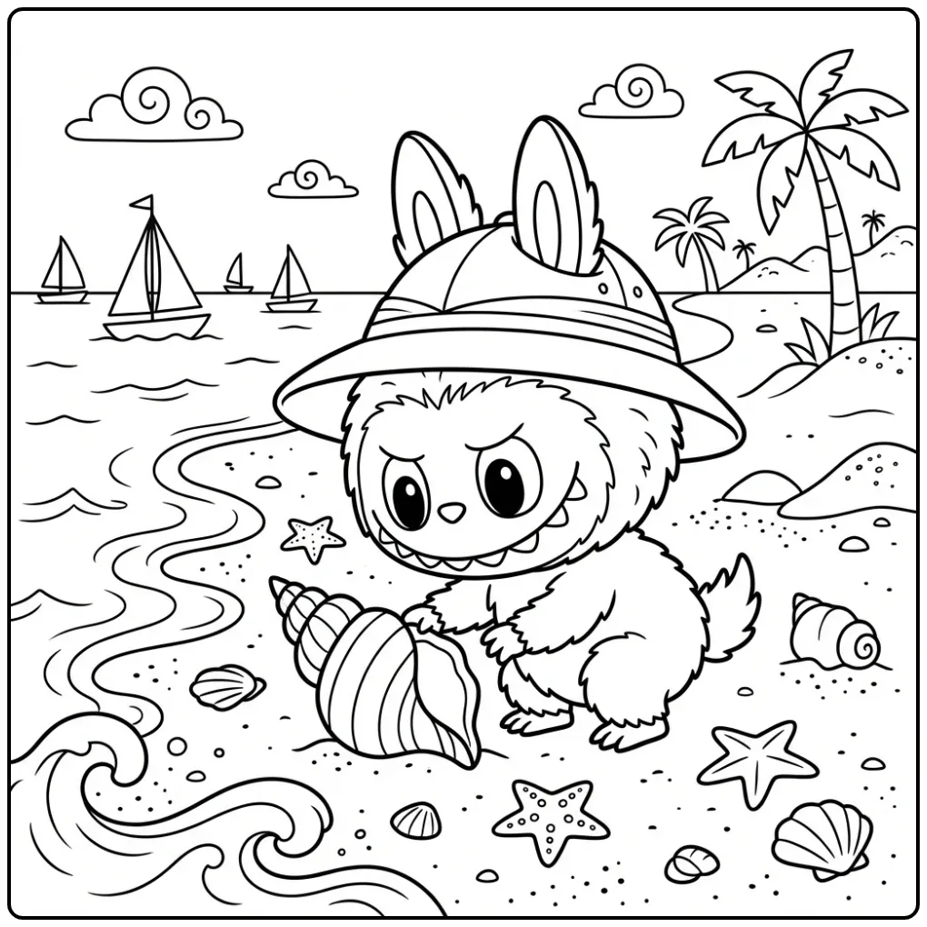 Labubu kleurplaat ontdekt grote schelp op strand