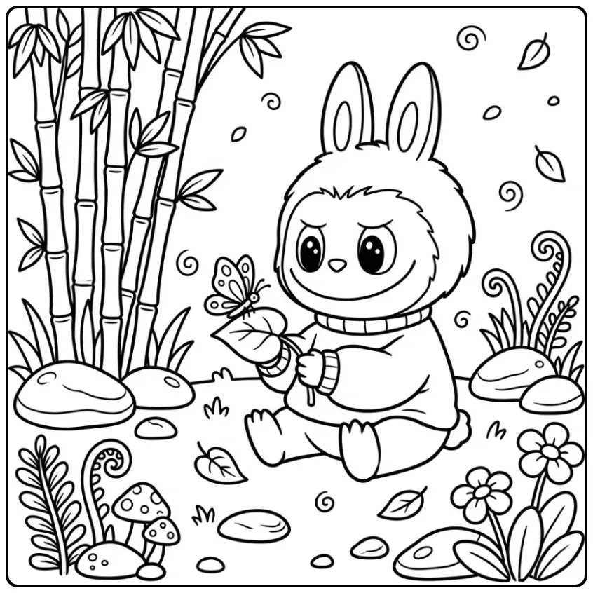 Rustige labubu kleurplaat met bamboe en een kleine vlinder.