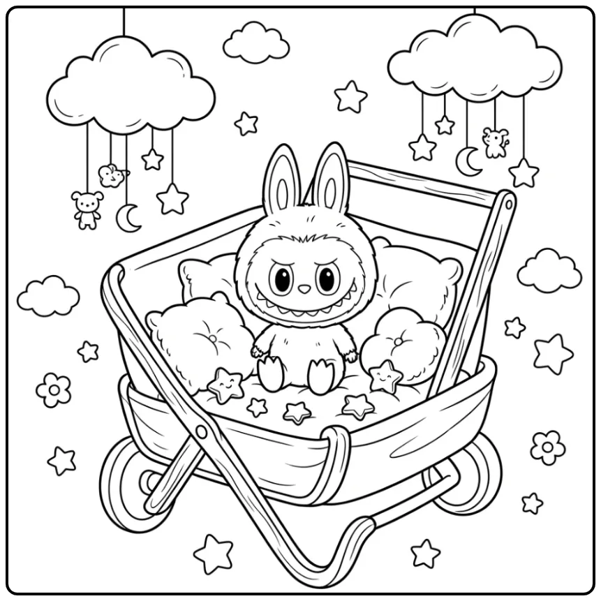 Leuke labubu pop kleurplaat in wandelwagen met zachte kussens.