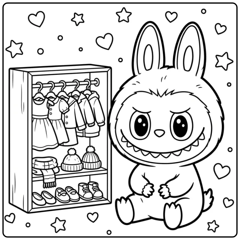 Labubu pop kleurplaat met miniatuur kleding en een kastje