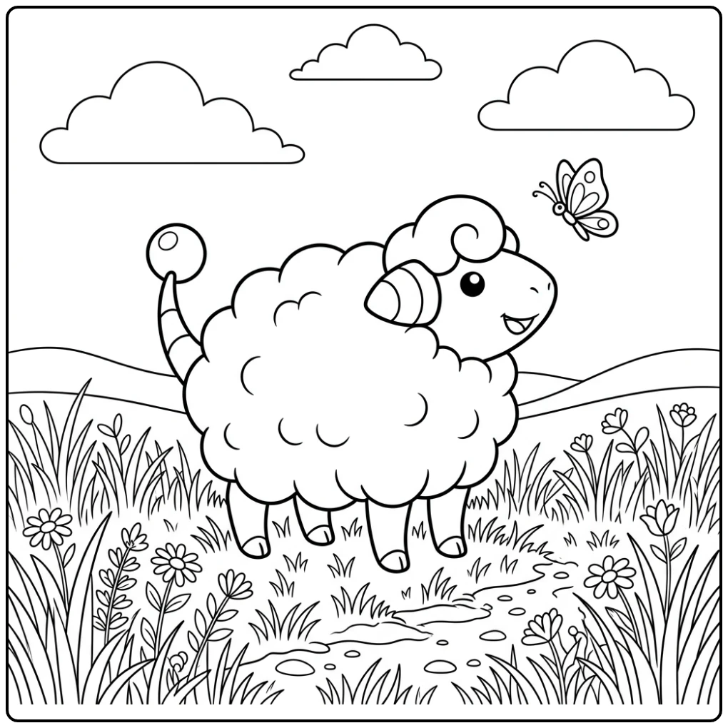 Mareep in het gras, kijkt naar vlinder - kleurplaat pokemon schattig