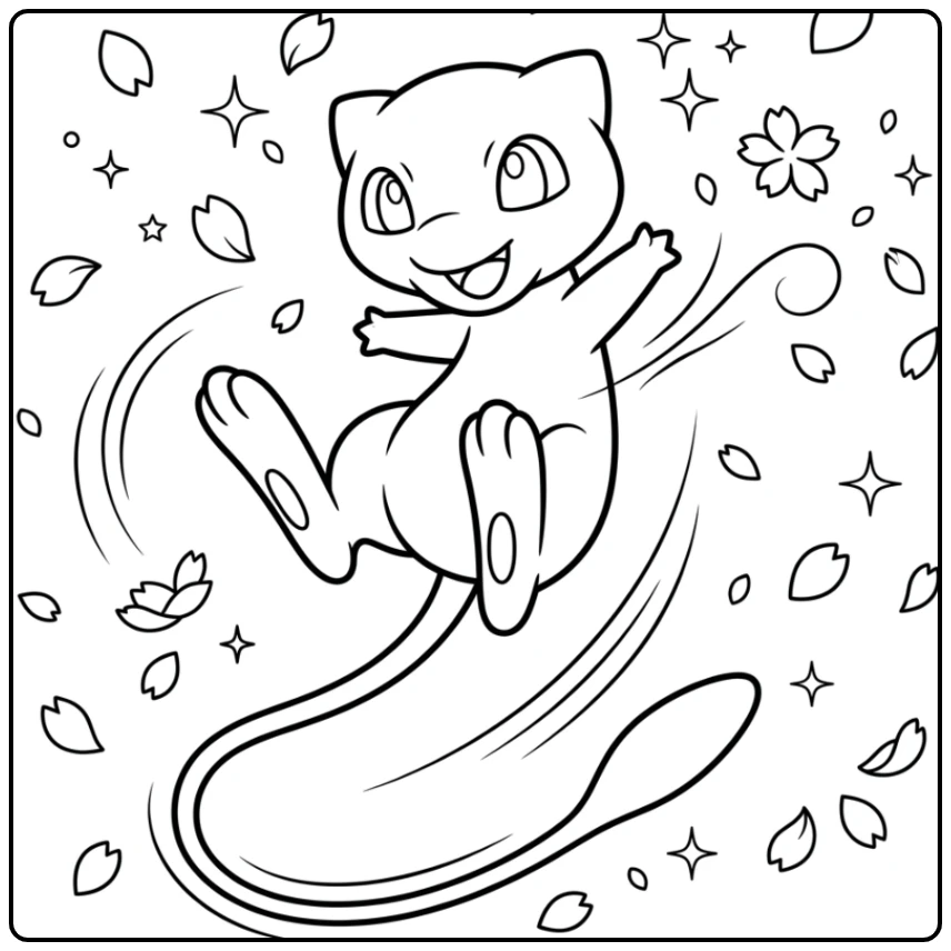 Vrolijke mew kleurplaat met springende Mew en bloemblaadjes.