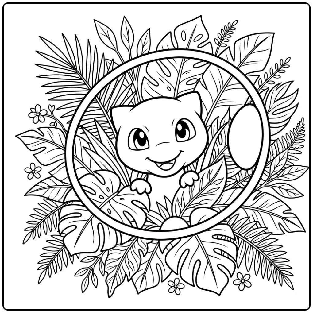 Vrolijke mew kleurplaat achter grote tropische bladeren.