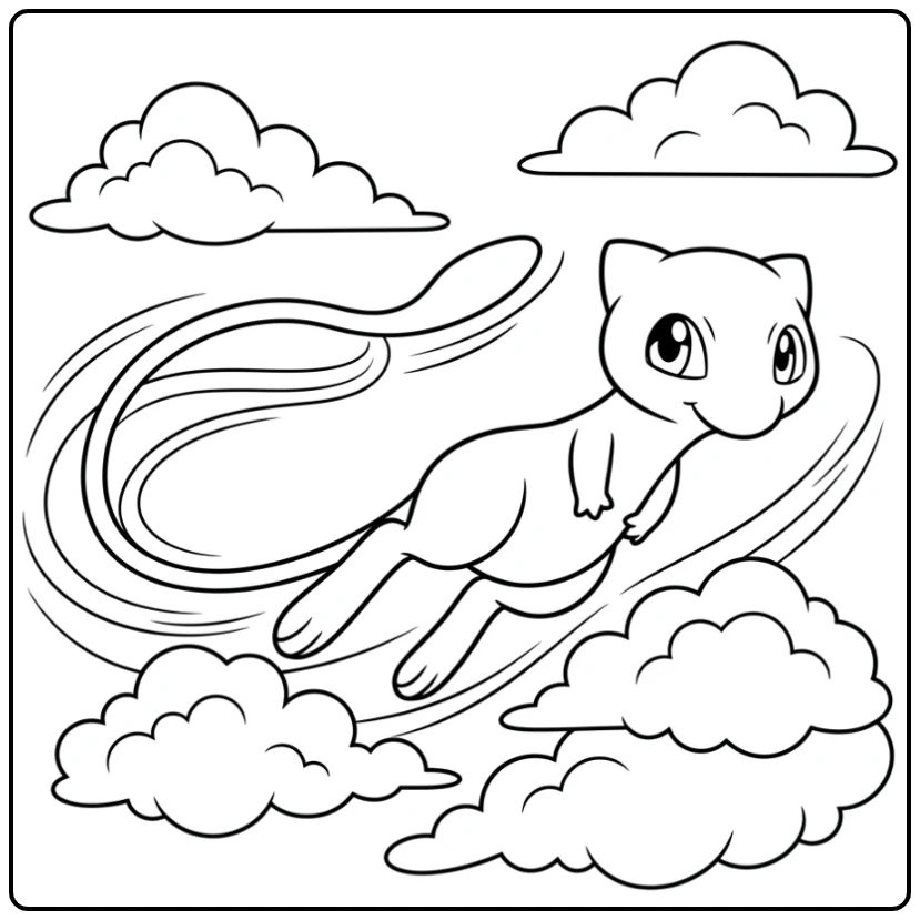 Speelse mew kleurplaat vliegend boven de wolken.