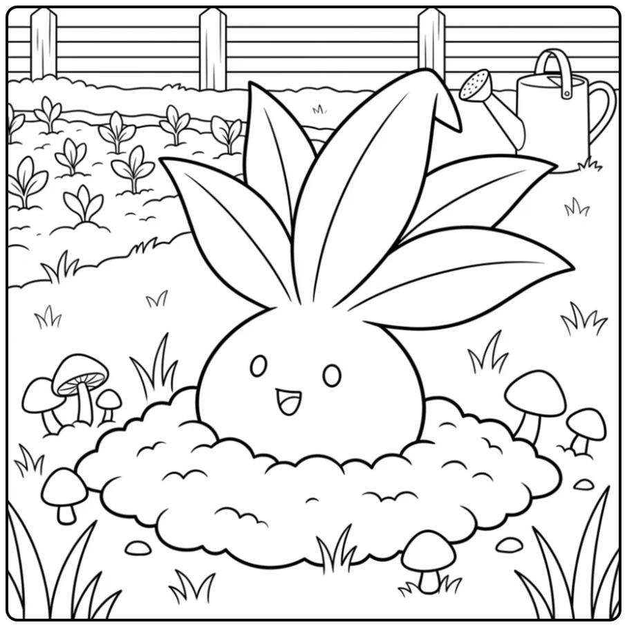 Leuke Oddish kleurplaat in de tuin met kleine paddenstoelen.