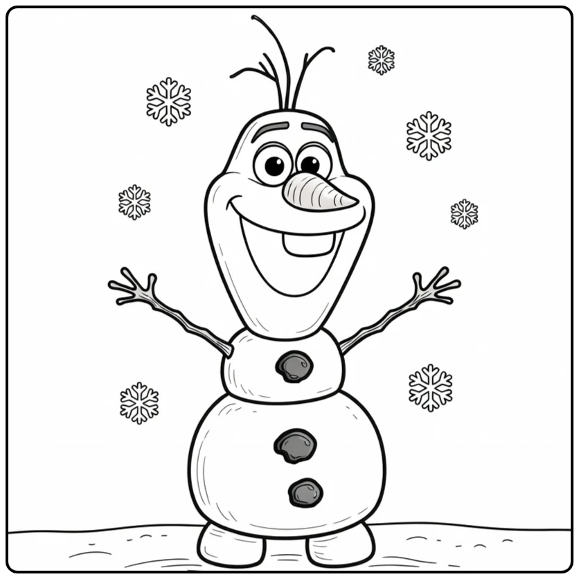 Vrolijke olaf kleurplaat met open armen in de sneeuw.