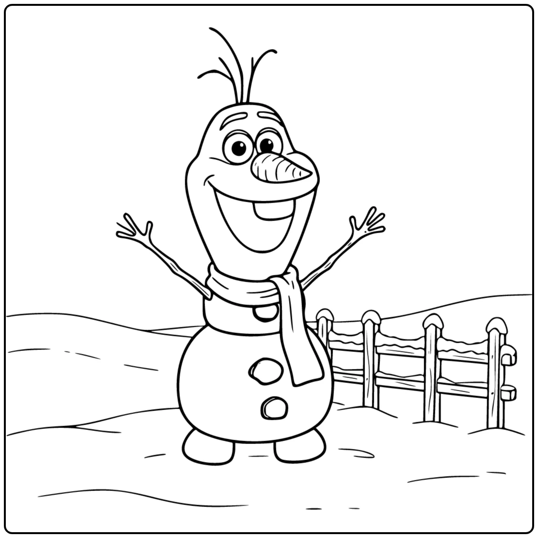 Vrolijke olaf kleurplaat met sjaal zwaaiend bij de rand.