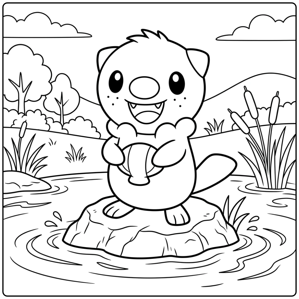 Oshawott met zijn schelp, zittend op een rots. Een kleurplaat pokemon schattig.