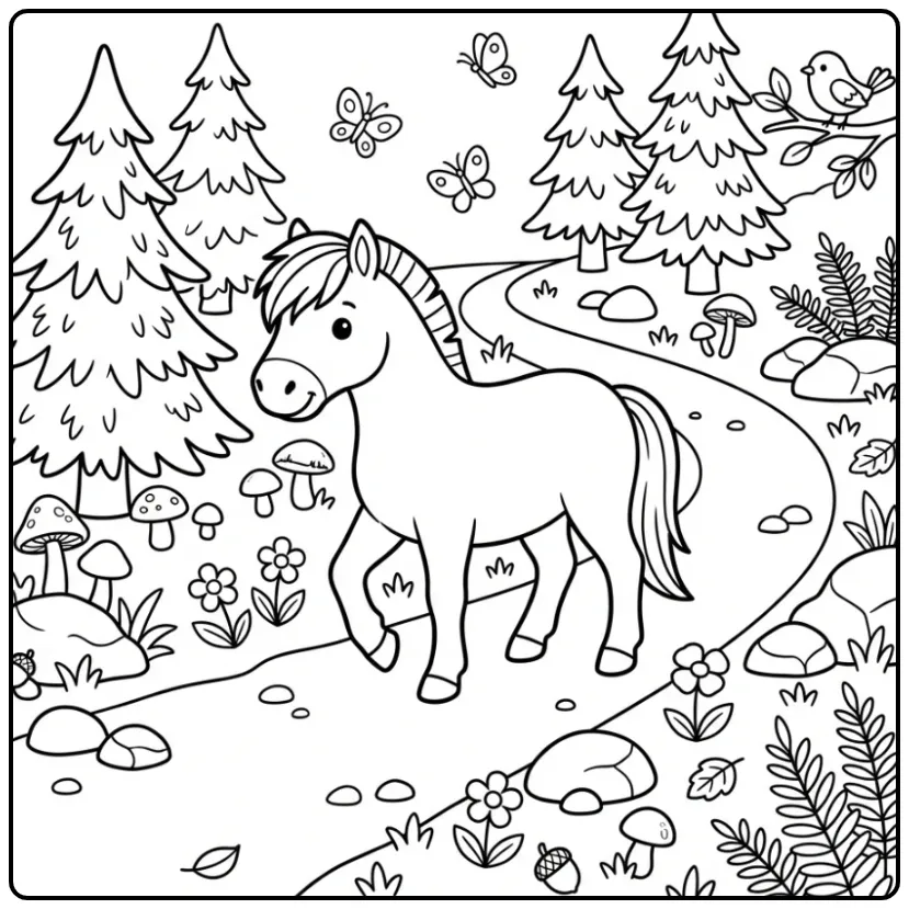 Lieve paarden kleurplaat fjord wandelend in het bos.