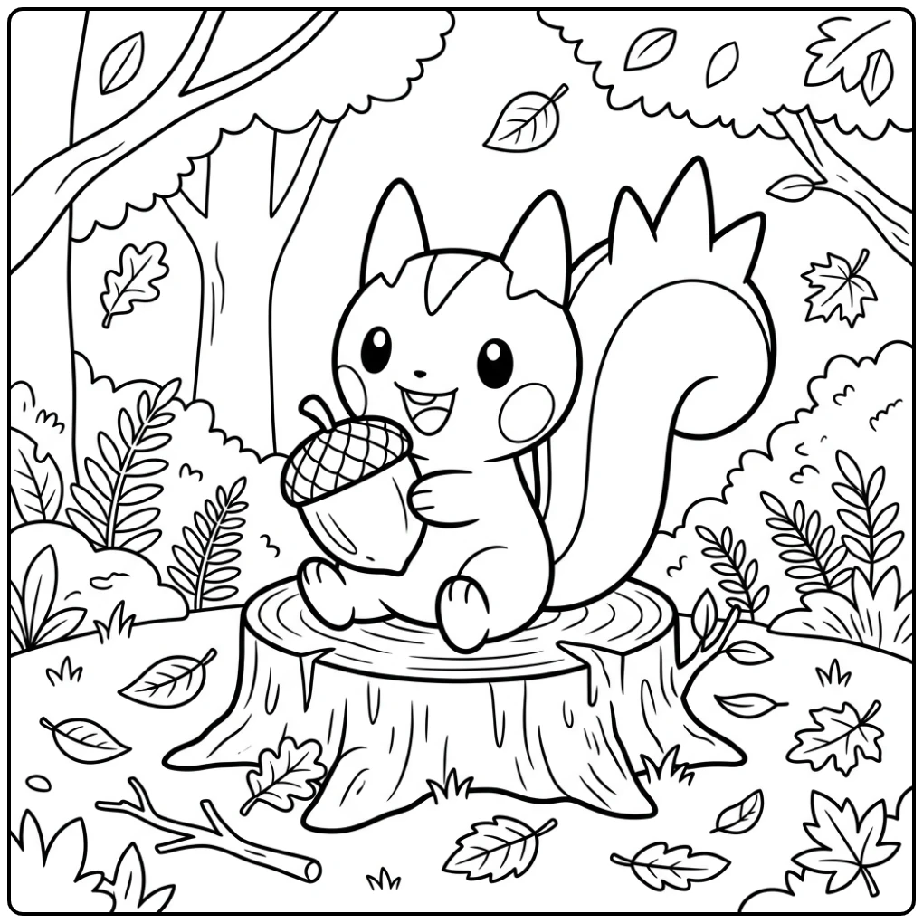 Pachirisu kleurplaat pokemon schattig met eikel op boomstronk