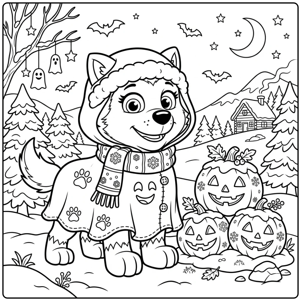 Everest spookkostuum, pompoensneeuw: paw patrol halloween kleurplaat.