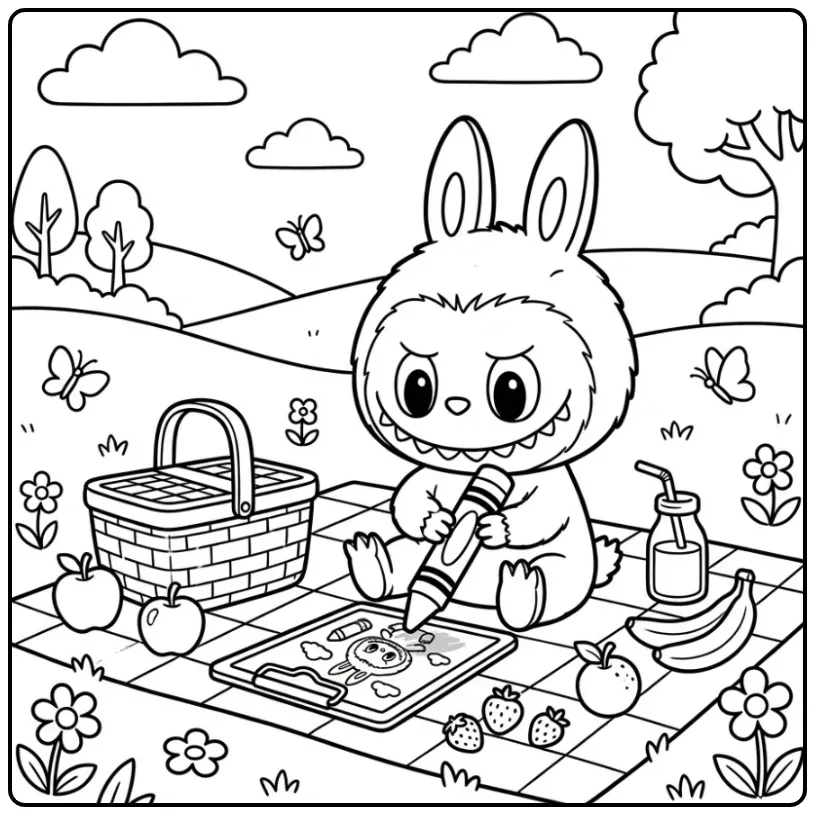 Lieve baby labubu kleurplaat tijdens een zomerse picknick.