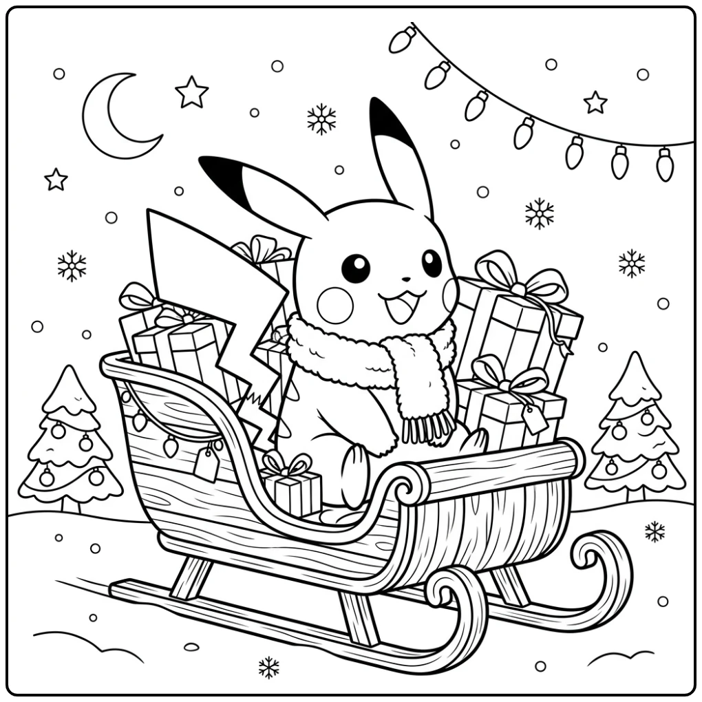 Vrolijke pikachu kerst kleurplaat met cadeautjes in een slee