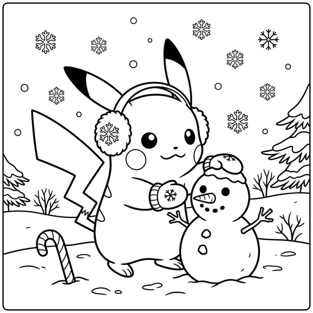 Leuke pikachu kerst kleurplaat met een sneeuwpop.