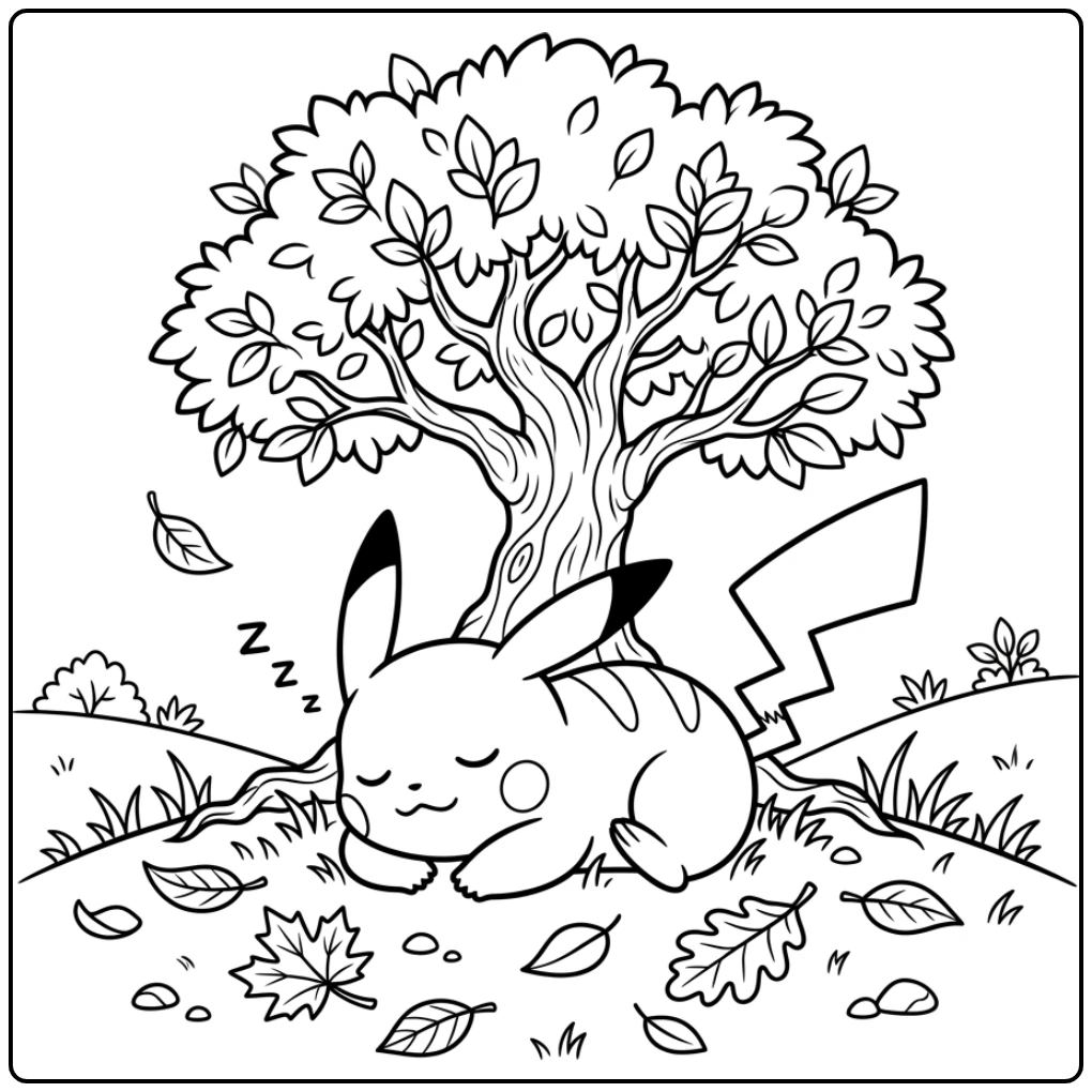 Slapende pikachu kleurplaat onder een boom met herfstblaadjes.