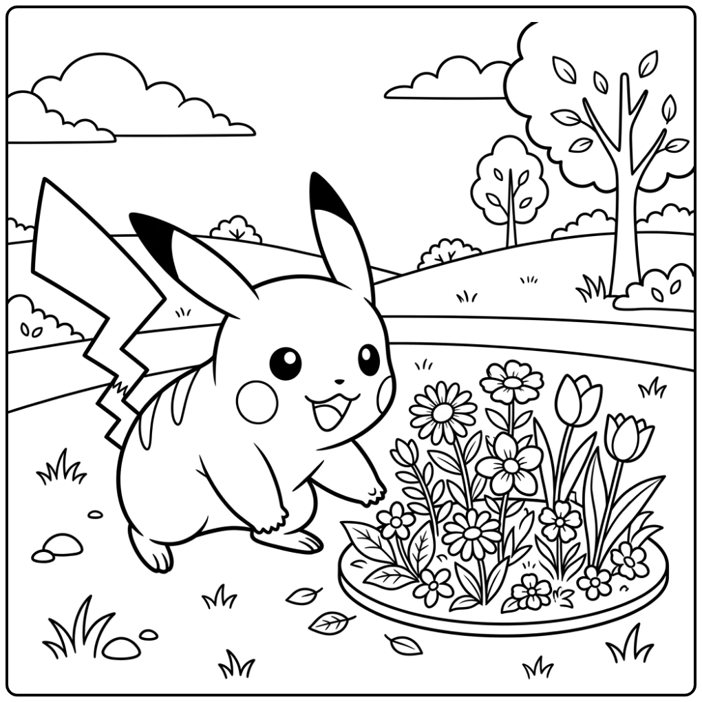 Speelse pikachu kleurplaat met bloemen in het park.