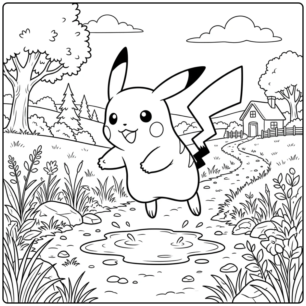 Leuke pikachu kleurplaat van Pikachu die over een plas springt.