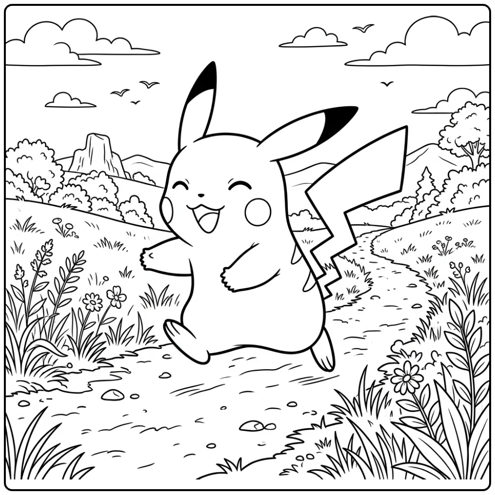 Vrolijke pikachu kleurplaat rennend op een zandpad.