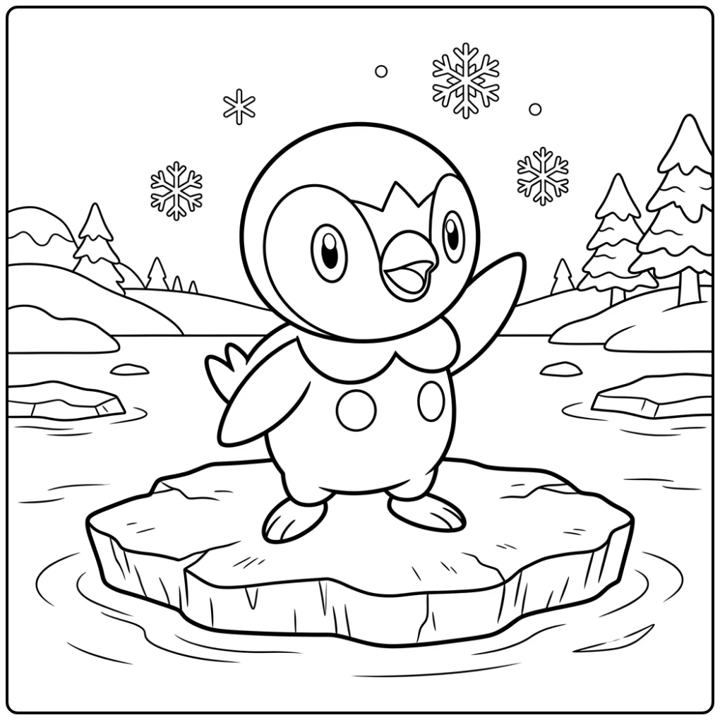 Piplup op een ijsschots, een vrolijke pokemon kleurplaat makkelijk.