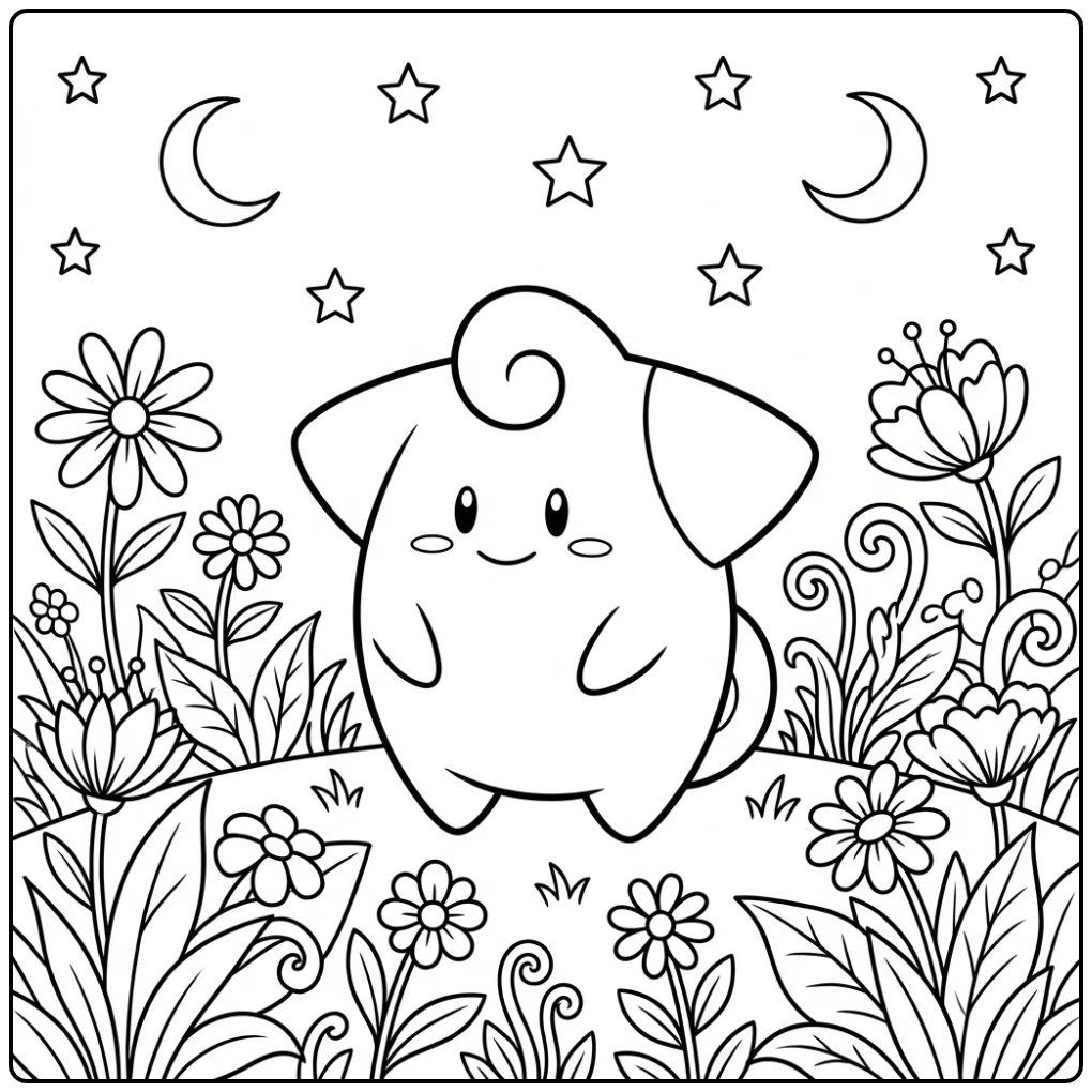 Pokemon Cleffa kleurplaat in een magische sterrentuin.