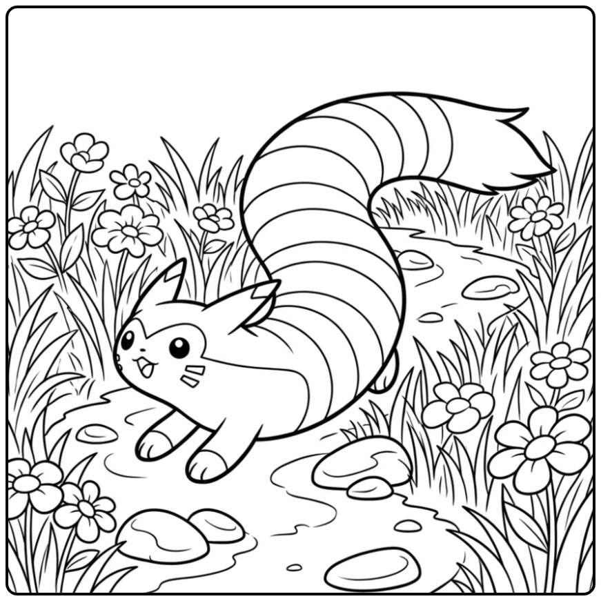 Speelse Pokemon Furret kleurplaat op een kronkelend pad.