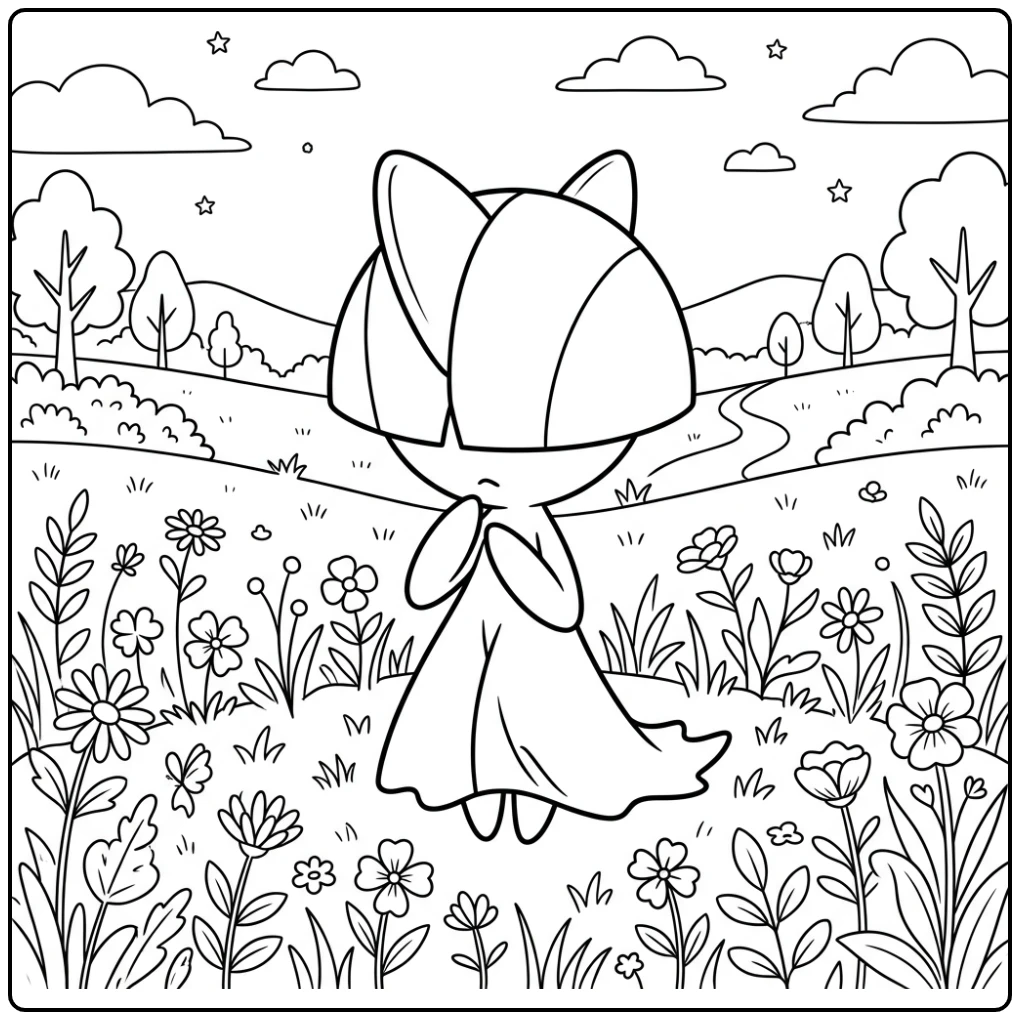 Schattige Pokemon Ralts kleurplaat tussen de bloemen.