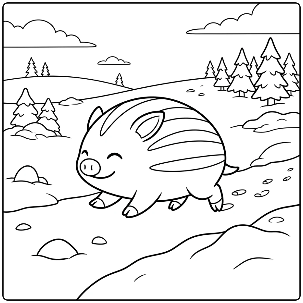 Mooie Pokemon Swinub kleurplaat met dennenbomen en sneeuw.