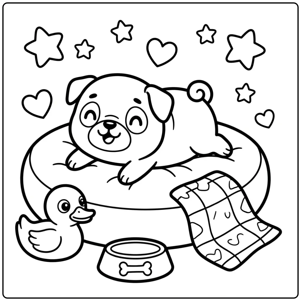 Eenvoudige mops puppy kleurplaat makkelijk met speelgoed.