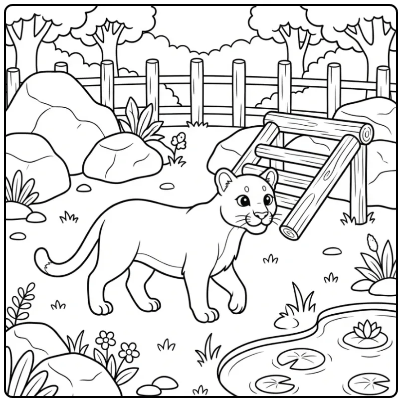 Een vrolijke puma kleurplaat met rotsen en water.