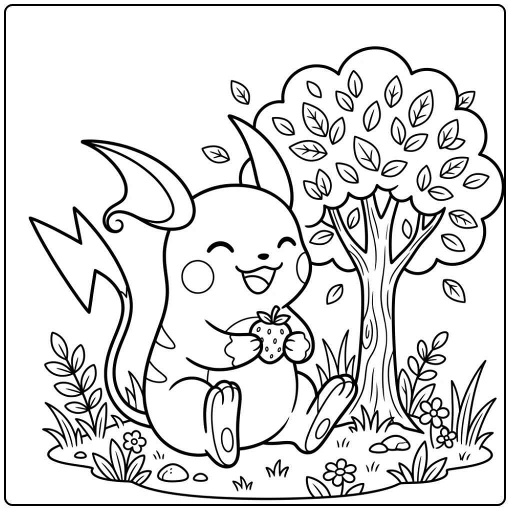 Vrolijke raichu kleurplaat met Raichu en bes bij een boom.