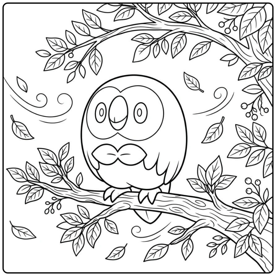 Rowlet kleurplaat pokemon schattig op tak, zacht briesje