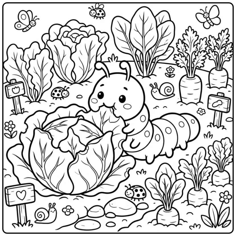 Leuke rups kleurplaat etend van een groot koolblad.