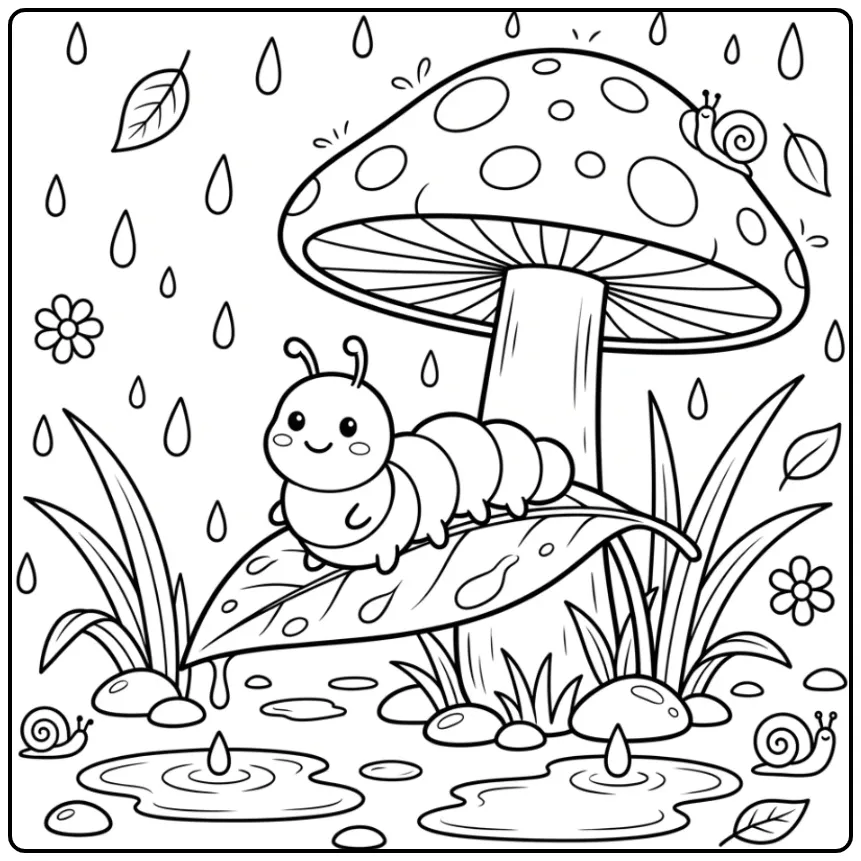 Rups kleurplaat schuilend onder een grote paddenstoel.