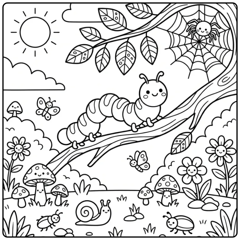 Vrolijke rups kleurplaat op een tak met bladeren en zon.