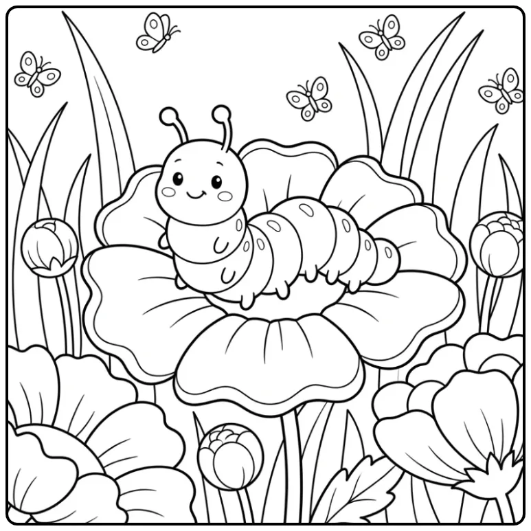 Vrolijke rups kleurplaat in een bloementuin.