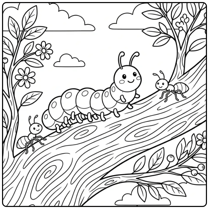 Leuke rups kleurplaat met mieren en takken om in te kleuren.